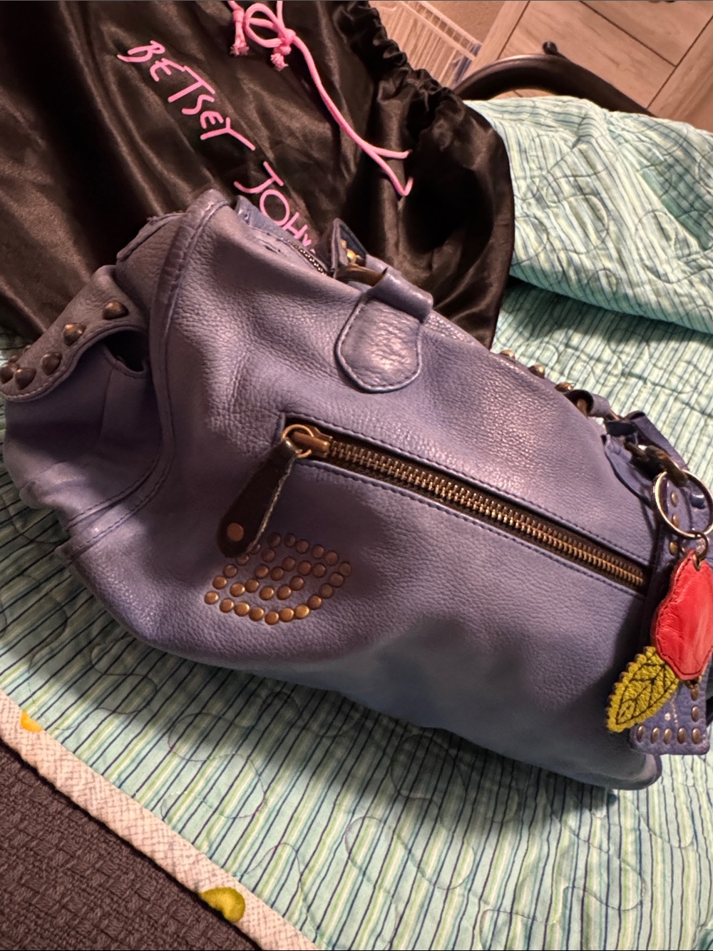 Betsey Johnson Blue Leather Shoulder Bag with Rose Charm - Picture 3 of 7